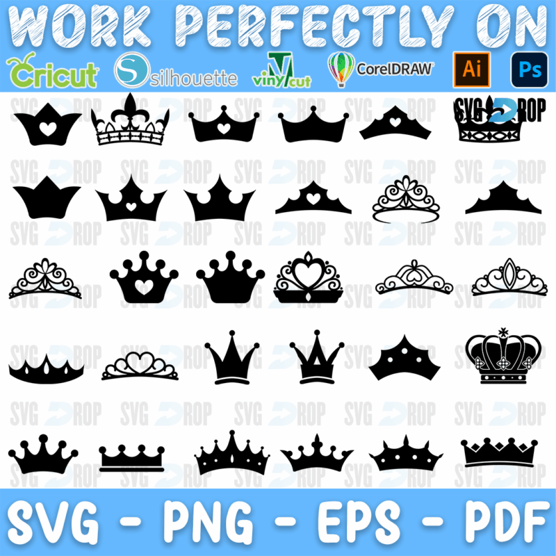 A sheet of black crown and tiara silhouettes: royal crowns, princess tiaras with hearts, jeweled crowns and simple crown outlines. SVG bundle