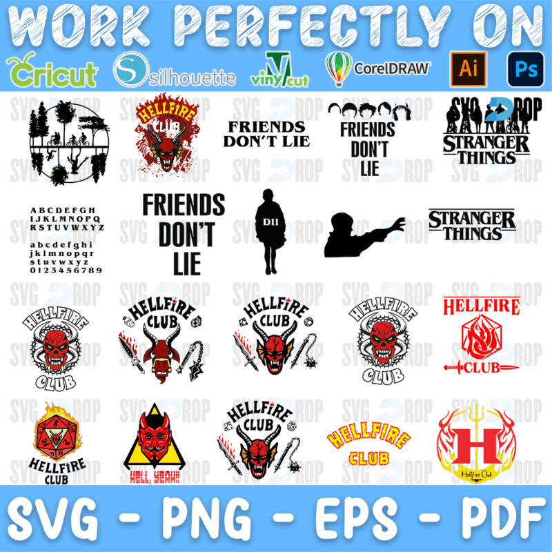 A sheet of Stranger Things designs: red Hellfire Club logos, Friends Don’t Lie, Stranger Things lettering, silhouettes and a full. SVG bundle
