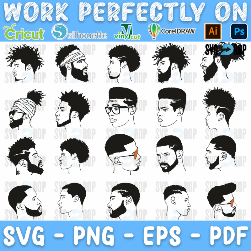 Afro Man Line Art Portraits Bundle SVG