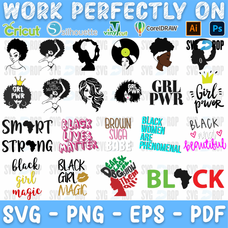 A sheet of Afro woman and Black pride designs: Afro woman silhouettes, Girl Power, Smart Strong, Black Lives Matter, Brown Sugar Babe. SVG bundle