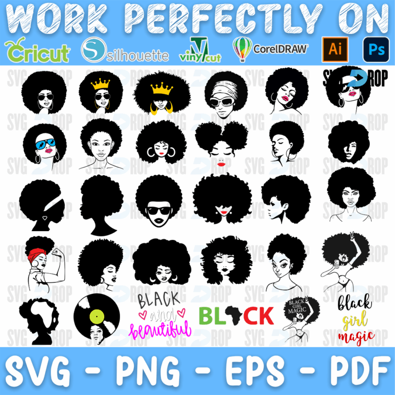 A bundle of black Afro woman silhouettes with natural hair: gold crowns, sunglasses, a head wrap, a vinyl record head, a flexing woman. SVG bundle