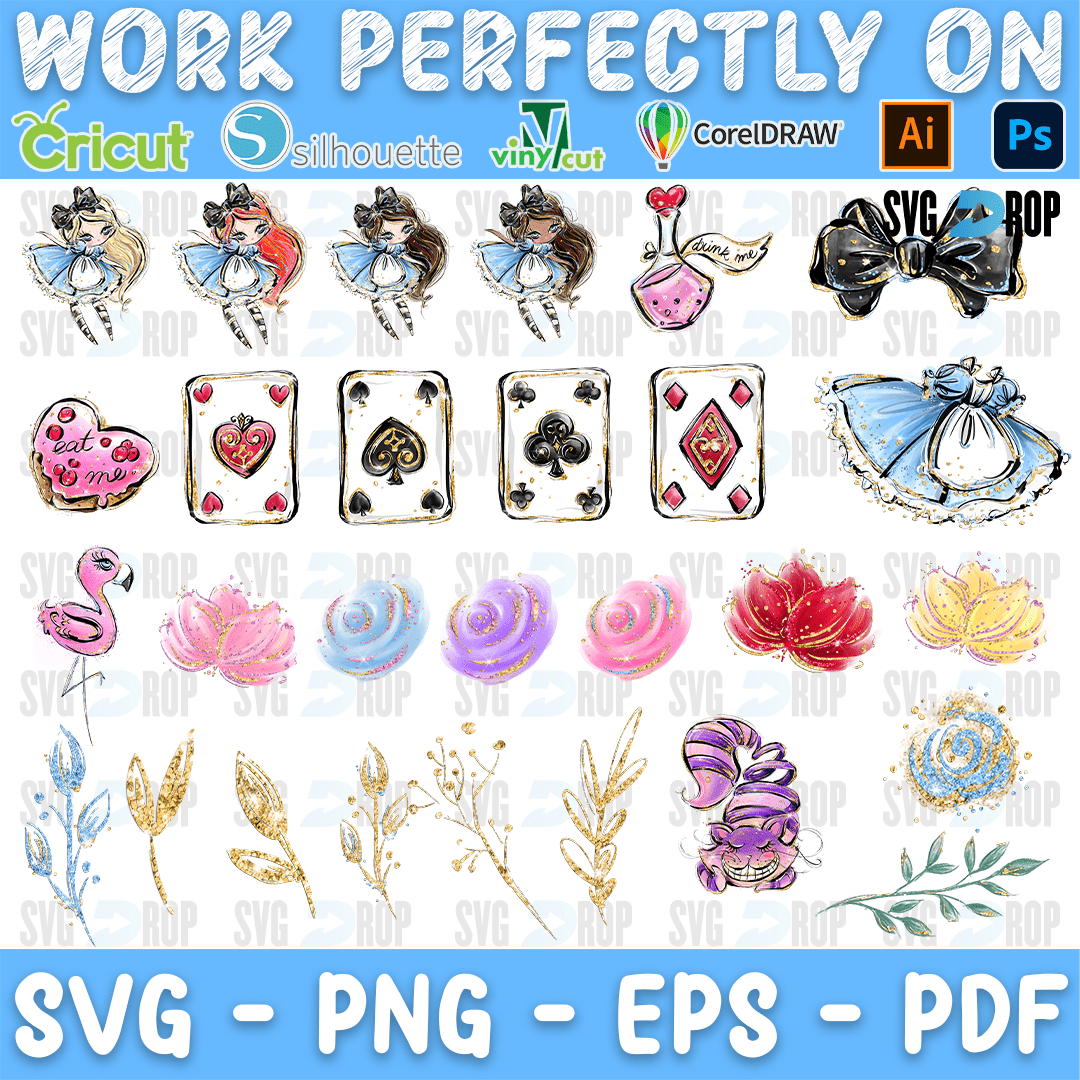 Alice in Wonderland Watercolor Alice and Cards Bundle SVG