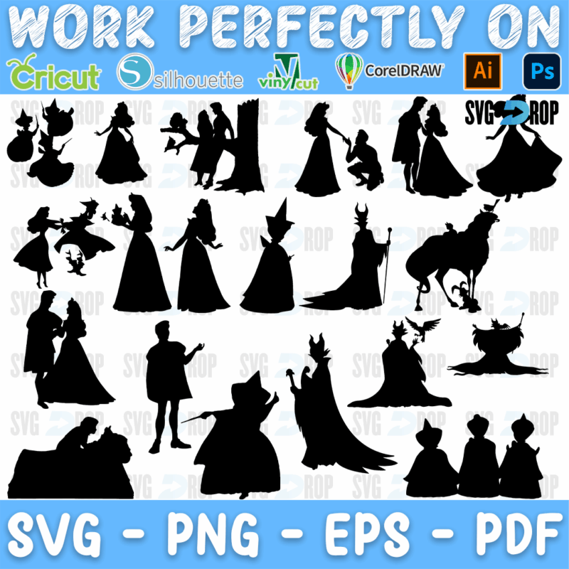 A sheet of solid black Sleeping Beauty silhouettes: Aurora, Aurora dancing with Prince Phillip, the three fairies, Maleficent, Samson. SVG bundle