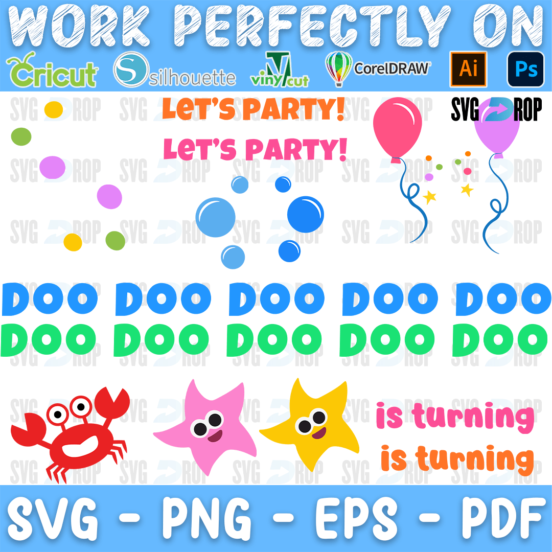 Baby Shark Party Lettering and Balloons Bundle SVG
