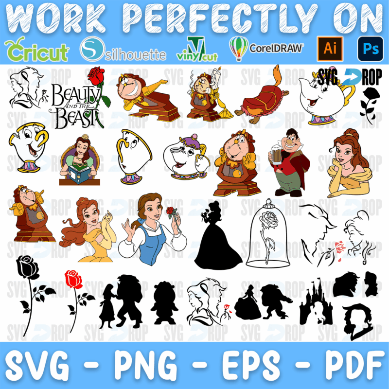 A sheet of Beauty and the Beast designs: full color Belle, the Beast, Gaston, Lumiere, Cogsworth, Mrs. Potts and Chip and the title logo. SVG bundle