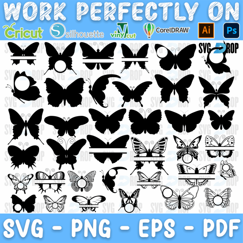 A sheet of black butterfly silhouettes with split monogram and circle frame designs for adding names, plus outline butterflies. SVG bundle