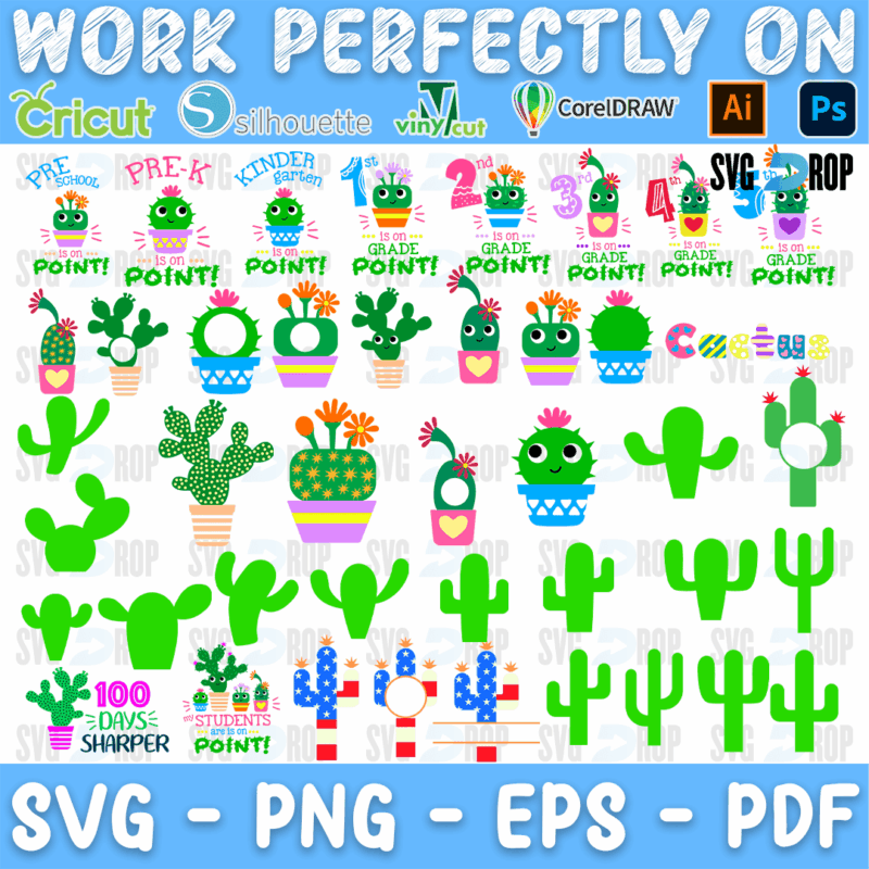 A back to school cactus collection: grade level designs like Pre-K and Kinder with On Point lettering, cute potted cacti with faces, 100. SVG bundle