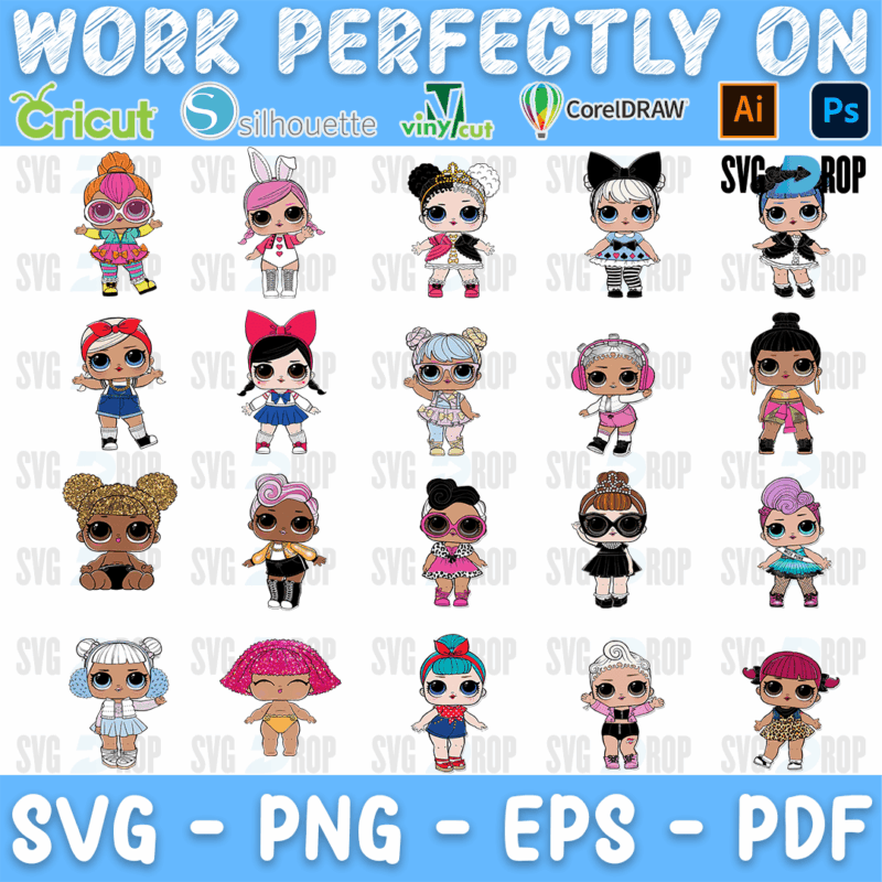 A full color LOL Surprise design set of dolls in glam outfits: bunny ears, bows, sunglasses, pink and black dresses and curly hair. SVG bundle
