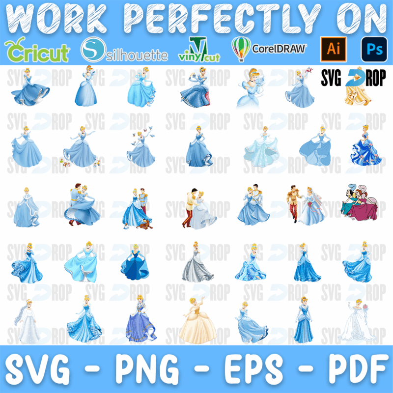 A large sheet of full color Cinderella in her blue ball gown in many poses: dancing with the Prince, twirling, sitting and waving. SVG bundle