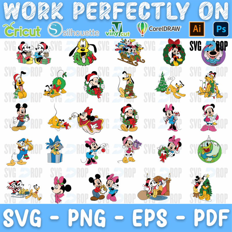 A sheet of full color Disney Christmas clipart: Mickey, Minnie, Pluto, Donald and Goofy with wreaths, gifts, sleds, Christmas trees. SVG bundle