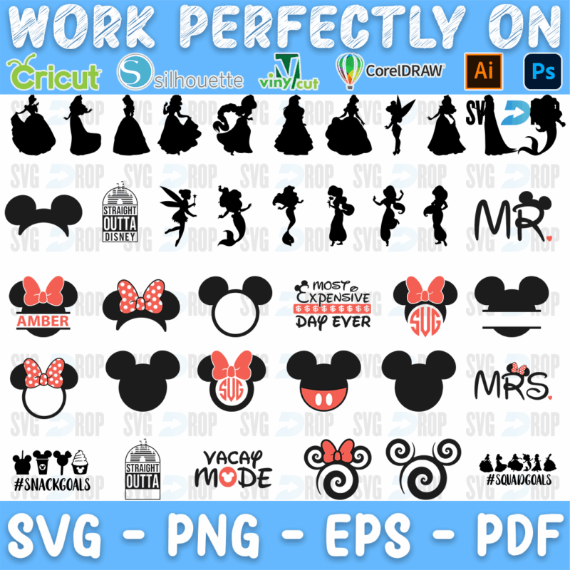 A sheet of Disney designs: princess silhouettes, Minnie bows with names, Mickey ears, a split monogram, Mr and Mrs ears, Vacay Mode, Most. SVG bundle