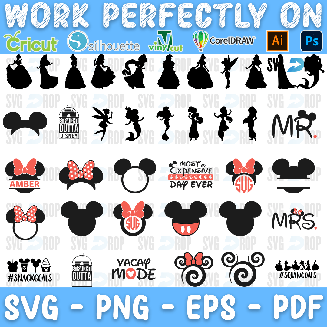 A sheet of Disney designs: princess silhouettes, Minnie bows with names, Mickey ears, a split monogram, Mr and Mrs ears, Vacay Mode, Most. SVG bundle