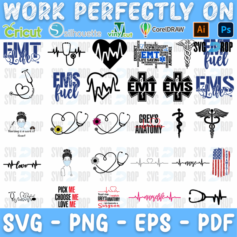 A medical design set: EMT and EMS lettering, EMS Fuel, star of life symbols, a caduceus, stethoscope hearts, heartbeat lines, a USA flag. SVG bundle