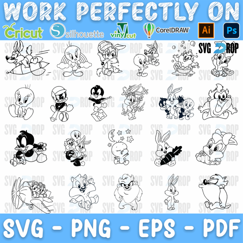 Black and white baby Looney Tunes: outline and filled Baby Bugs, Baby Daffy, Baby Tweety, Baby Sylvester and Baby Taz with carrots. SVG bundle