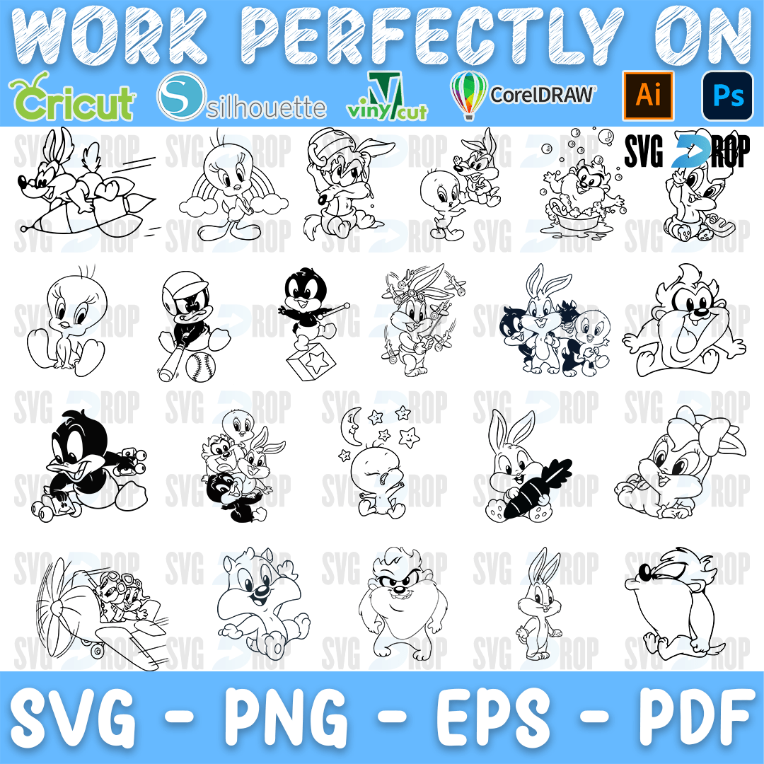 Black and white baby Looney Tunes: outline and filled Baby Bugs, Baby Daffy, Baby Tweety, Baby Sylvester and Baby Taz with carrots. SVG bundle