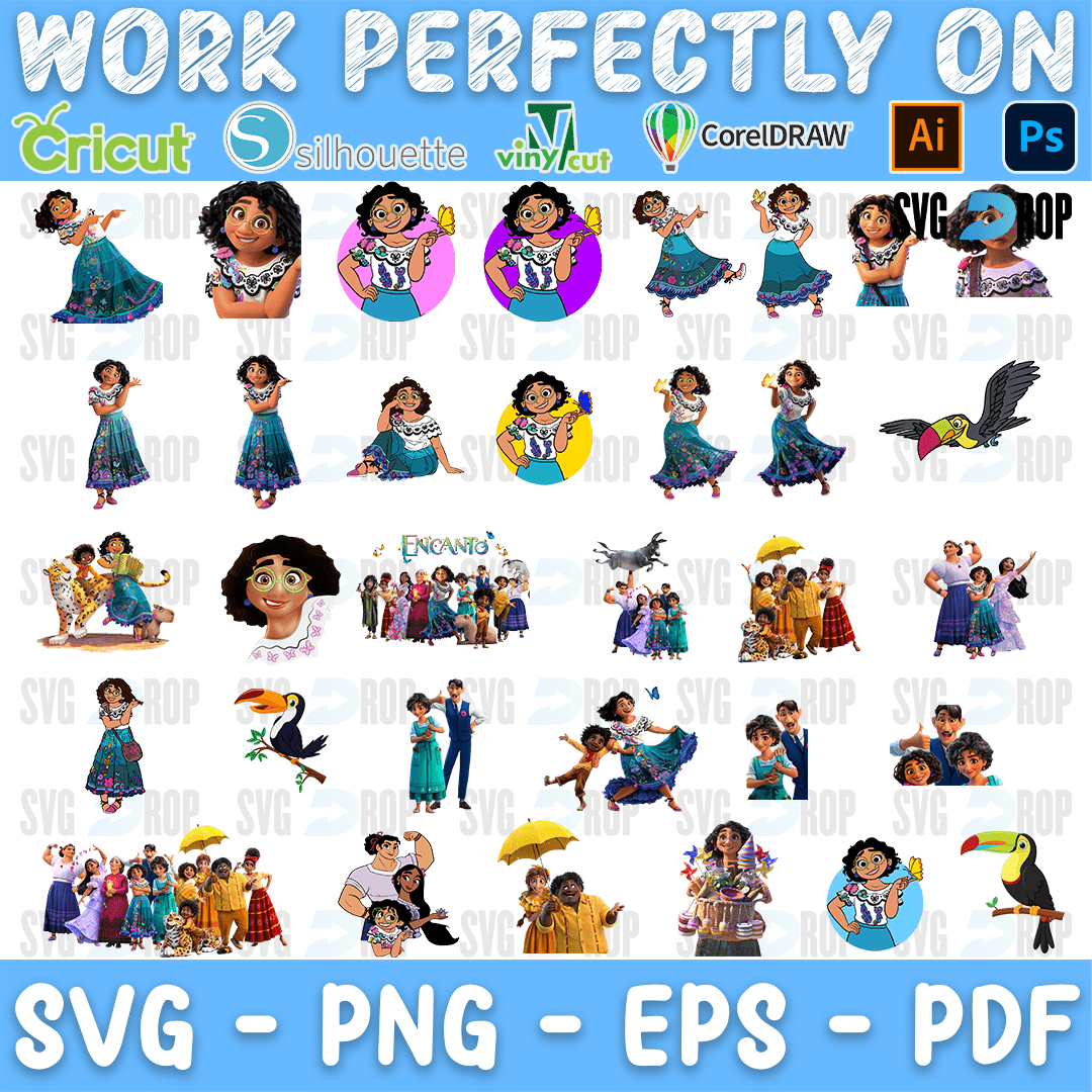 A sheet of full color Encanto scenes: Mirabel dancing, Isabela, Luisa, Abuela, family group portraits, a toucan and the Encanto logo. SVG bundle