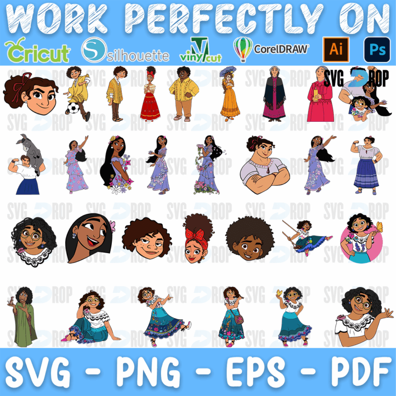 A sheet of full color Encanto characters: Mirabel, Luisa, Isabela, Bruno, Camilo, Dolores, Abuela and other Madrigals, plus several face. SVG bundle