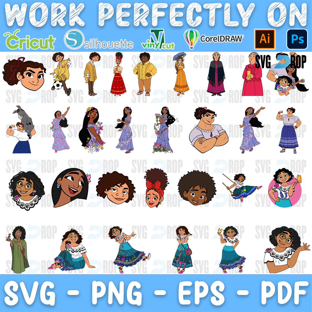A sheet of full color Encanto characters: Mirabel, Luisa, Isabela, Bruno, Camilo, Dolores, Abuela and other Madrigals, plus several face. SVG bundle