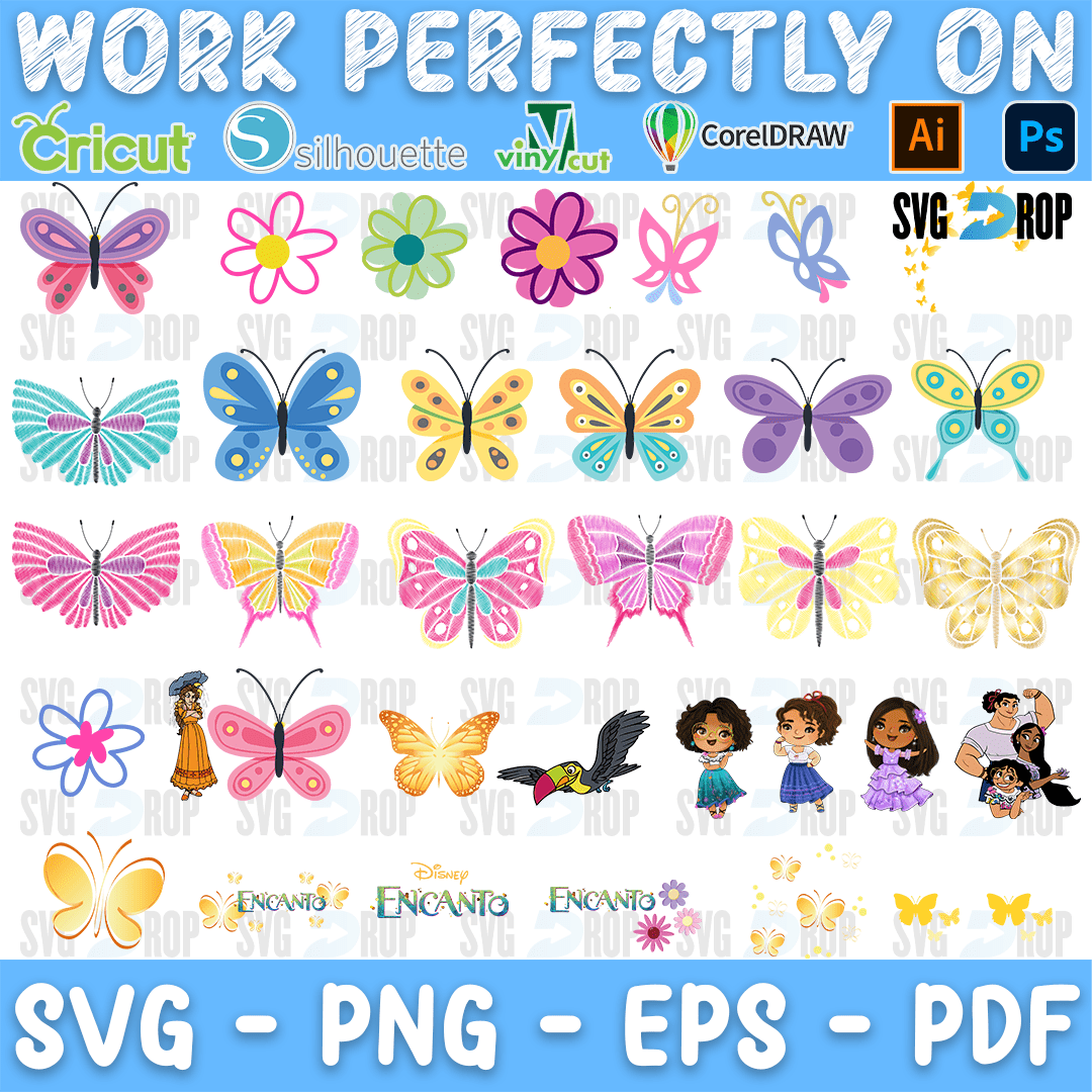 A sheet of pastel Encanto butterflies in pink, blue and gold, with flowers, a toucan, Encanto logos and small Mirabel figures. SVG bundle