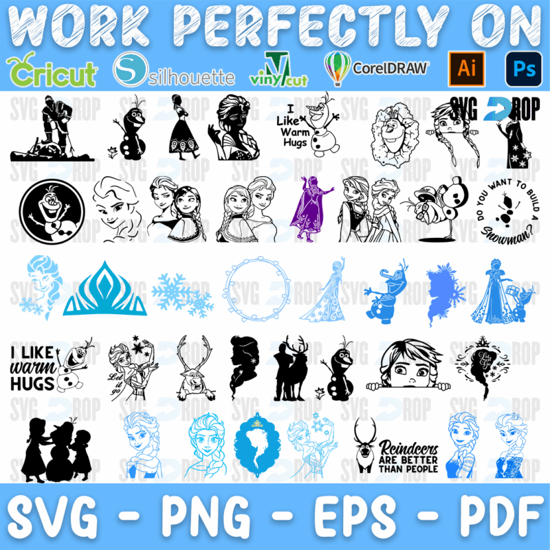 A mostly black Frozen set: Elsa and Anna stencil portraits, Olaf with I Like Warm Hugs, Do You Want to Build a Snowman, Reindeers Are. SVG bundle