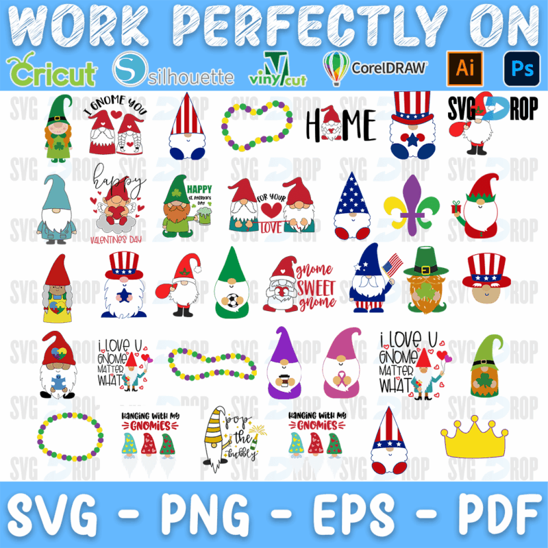 A set of gnomes for Mardi Gras and the Fourth of July: bead necklaces, fleur de lis, a crown, Uncle Sam hats, Home lettering and Gnome. SVG bundle