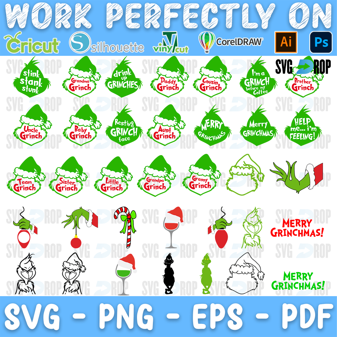 A bundle of green Grinch head designs with family names in Santa hats, such as Mama, Papa, Auntie, Uncle and Little Grinch, plus a Grinch. SVG bundle