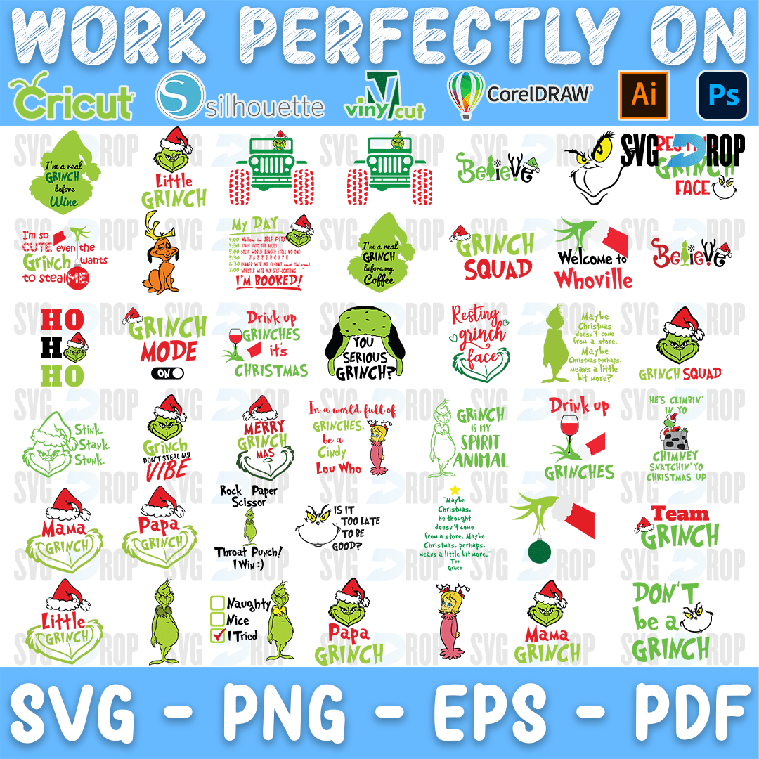 A bundle of Grinch sayings: Welcome to Whoville, Grinch Mode, Grinch Squad, Team Grinch, Mama and Papa Grinch, Don’t Be a Grinch, Drink. SVG bundle