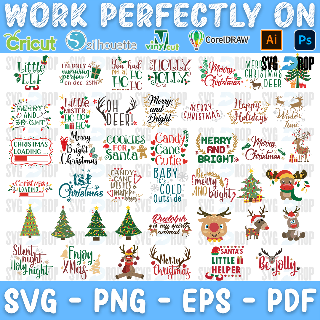 A bundle of Christmas designs: Little Elf, Holly Jolly, Oh Deer, Cookies for Santa, Candy Cane Cutie, Baby It’s Cold Outside, Merry. SVG bundle