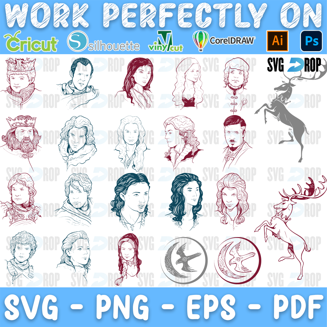 Red line art portraits of Game of Thrones characters, with a leaping stag and round sigil badges in the same sketch style. SVG bundle