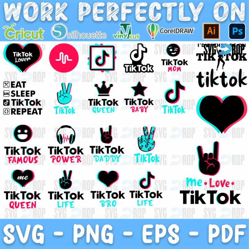 TikTok lettering designs: Eat Sleep TikTok Repeat, TikTok Lover, Mom, Daddy, Baby, Queen, Famous, Power, Bro and Life, with a heart. SVG bundle