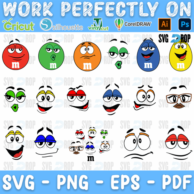 A sheet of M and M candy designs: the red, green, orange, blue and yellow characters plus loose eyes and mouths in many expressions. SVG bundle