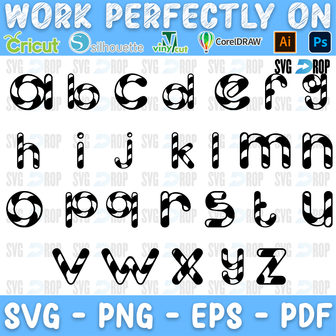 A candy cane style lowercase alphabet from a to z, with each rounded letter filled with diagonal black and white stripes. Font SVG cut file