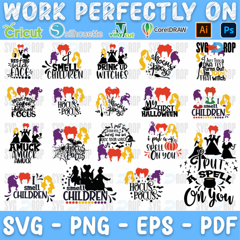 A bundle of Hocus Pocus sayings with the sisters’ colored hair silhouettes: I Smell Children, Drink Up Witches, Amuck Amuck Amuck, My. SVG bundle