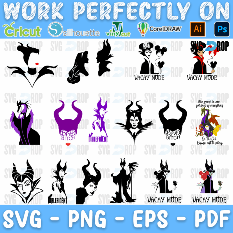 A sheet of Maleficent designs: horned silhouettes, purple and black portraits with Bad Witch lettering, Minnie style Villain Mode ears. SVG bundle