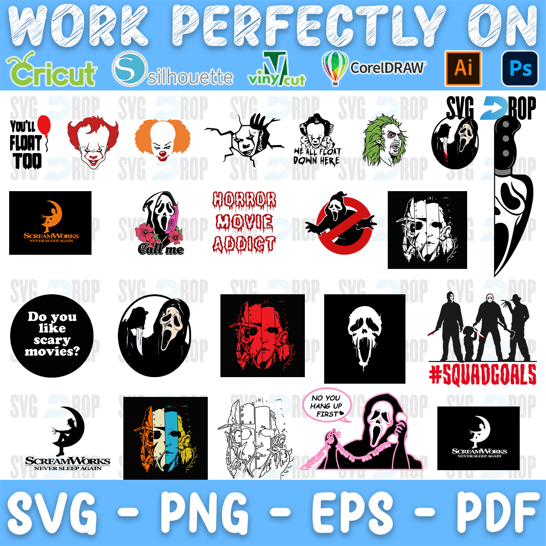 A horror movie design sheet built around Ghostface: Scream masks, a Screamworks logo parody, Do You Like Scary Movies, Horror Movie. SVG bundle