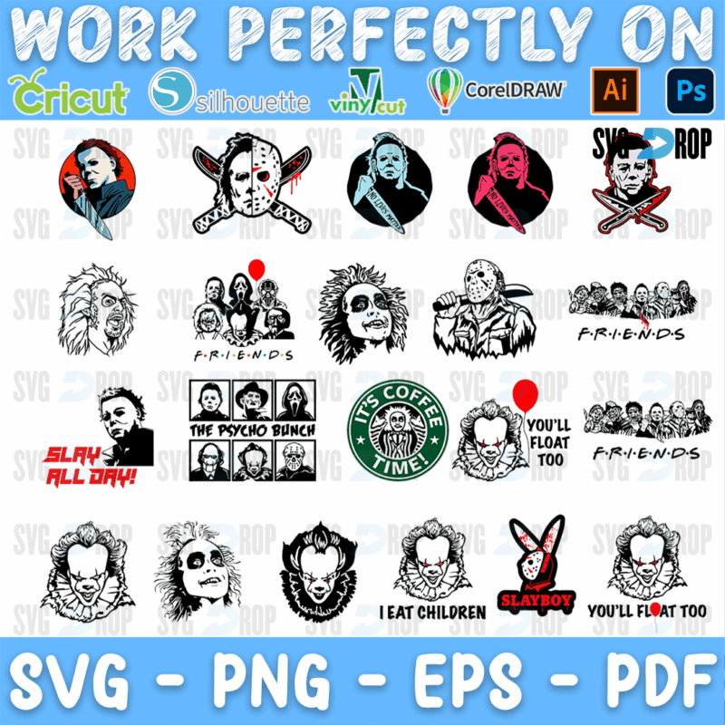 A horror movie design sheet with Friends style killer lineups, an It’s Coffee Time logo parody, Jason with crossed machetes, Chucky. SVG bundle