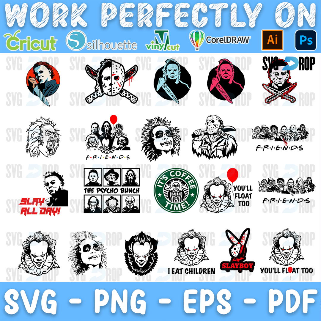 A horror movie design sheet with Friends style killer lineups, an It’s Coffee Time logo parody, Jason with crossed machetes, Chucky. SVG bundle