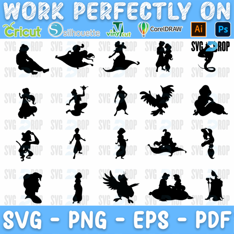 Black Aladdin silhouettes: Jasmine and Aladdin on the magic carpet, the Genie, Iago, Abu, Rajah and Jasmine standing and sitting. SVG bundle