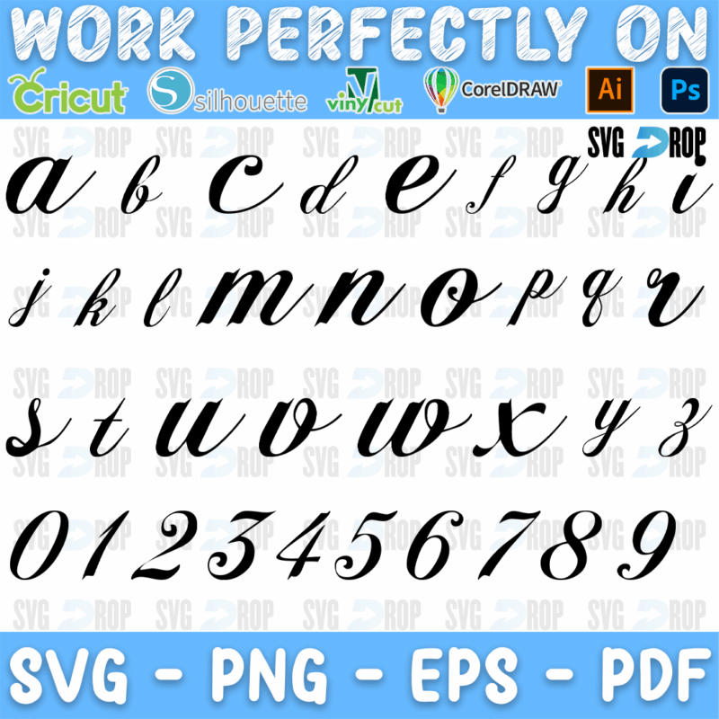 A Cinderella title style script lettering set: flowing lowercase letters from a to z with bold swashes, plus numbers 0 to 9. Font SVG cut file