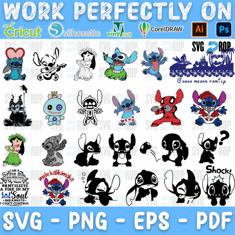 A Lilo and Stitch collection: full color Stitch in many poses, black Stitch silhouettes, Stitch as a skeleton, Lilo, Scrump, Ohana Means. SVG bundle
