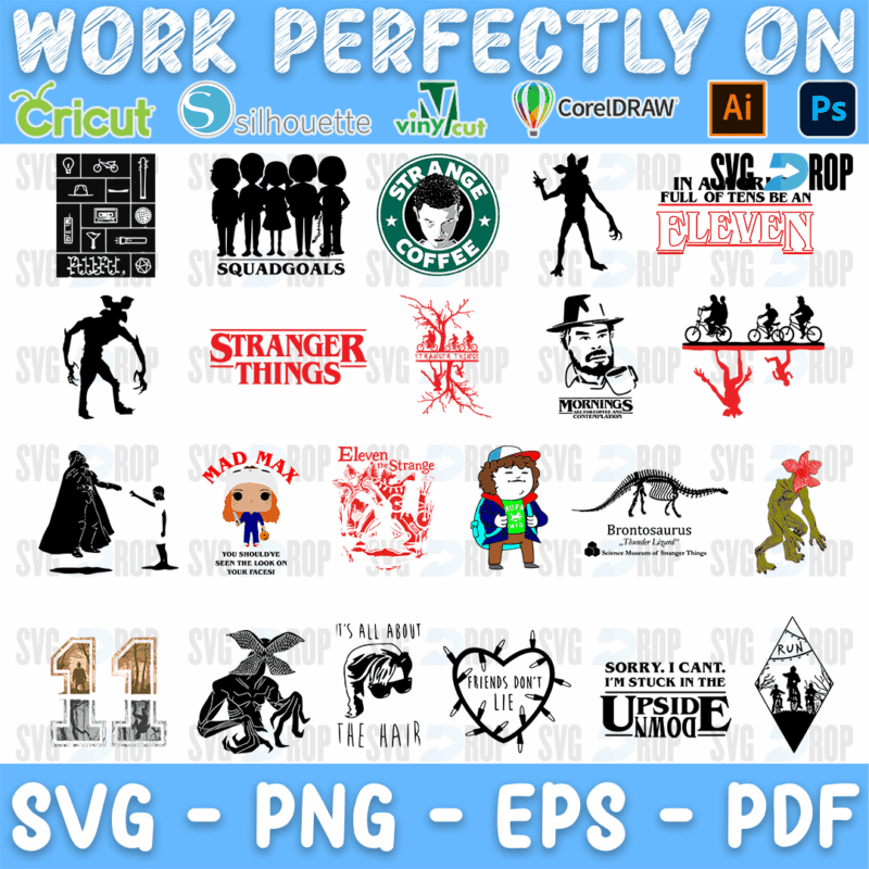 A sheet of Stranger Things designs: a Strange Coffee logo, Squad Goals, the Demogorgon, Mad Max, a brontosaurus, Eleven lettering, Stuck. SVG bundle