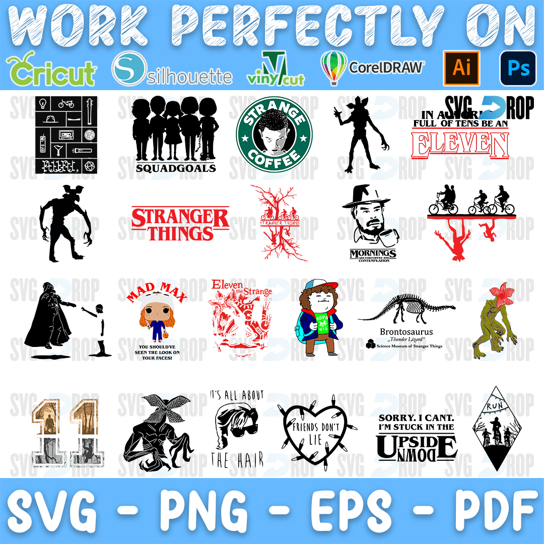 A sheet of Stranger Things designs: a Strange Coffee logo, Squad Goals, the Demogorgon, Mad Max, a brontosaurus, Eleven lettering, Stuck. SVG bundle