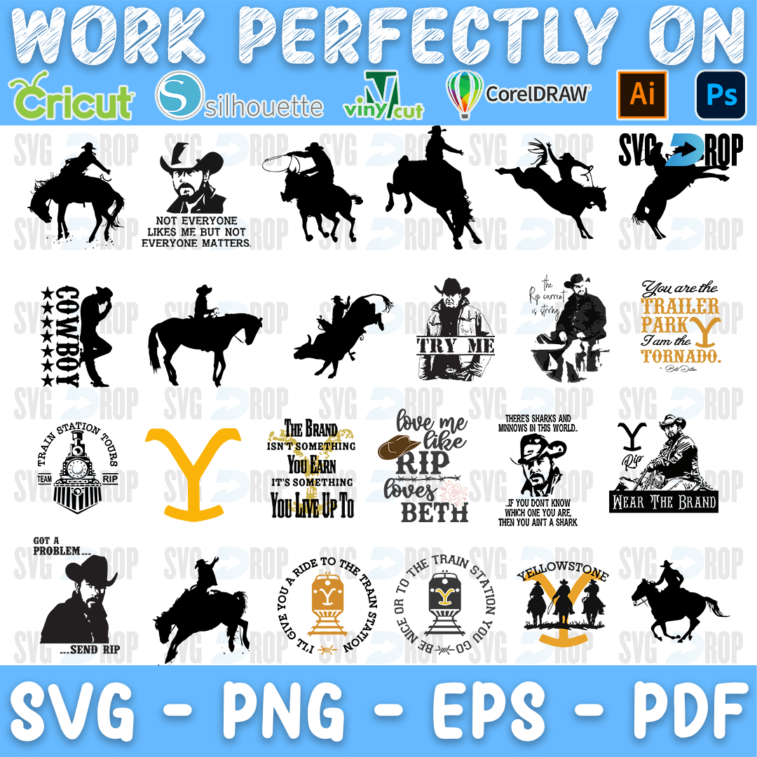 A Yellowstone design set with cowboy, horse and bull riding silhouettes, a yellow Y logo, Cowboy lettering, the train station, Trailer. SVG bundle