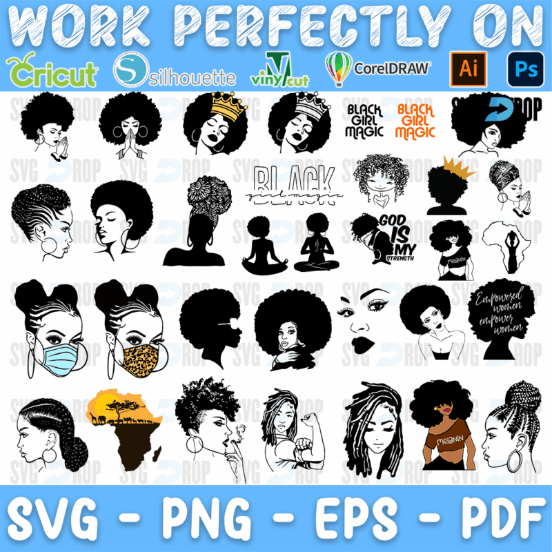 A bundle of Afro woman line art and silhouettes: women with gold crowns, braids and hoop earrings, Black Girl Magic lettering, praying. SVG bundle