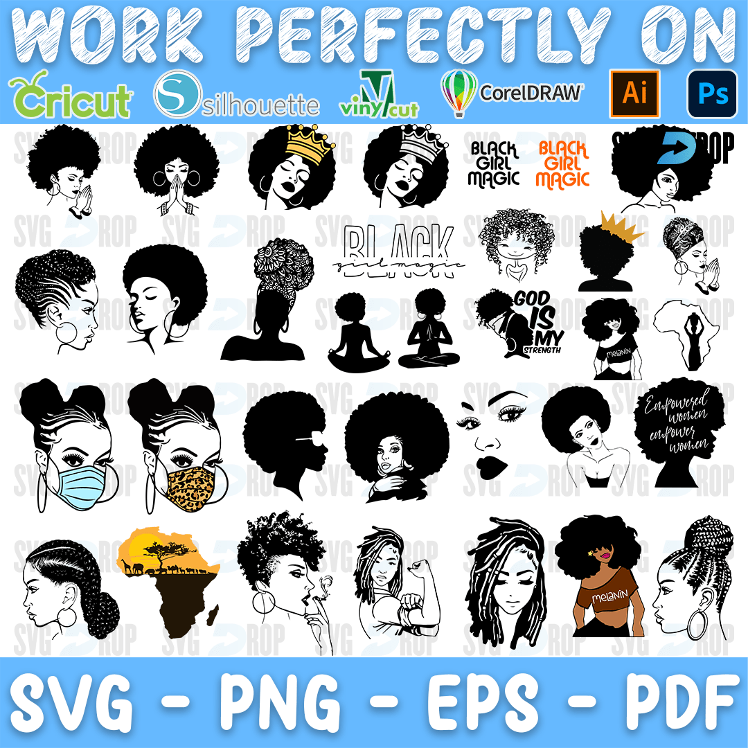 Afro Woman Crown and Braids Line Art Bundle SVG