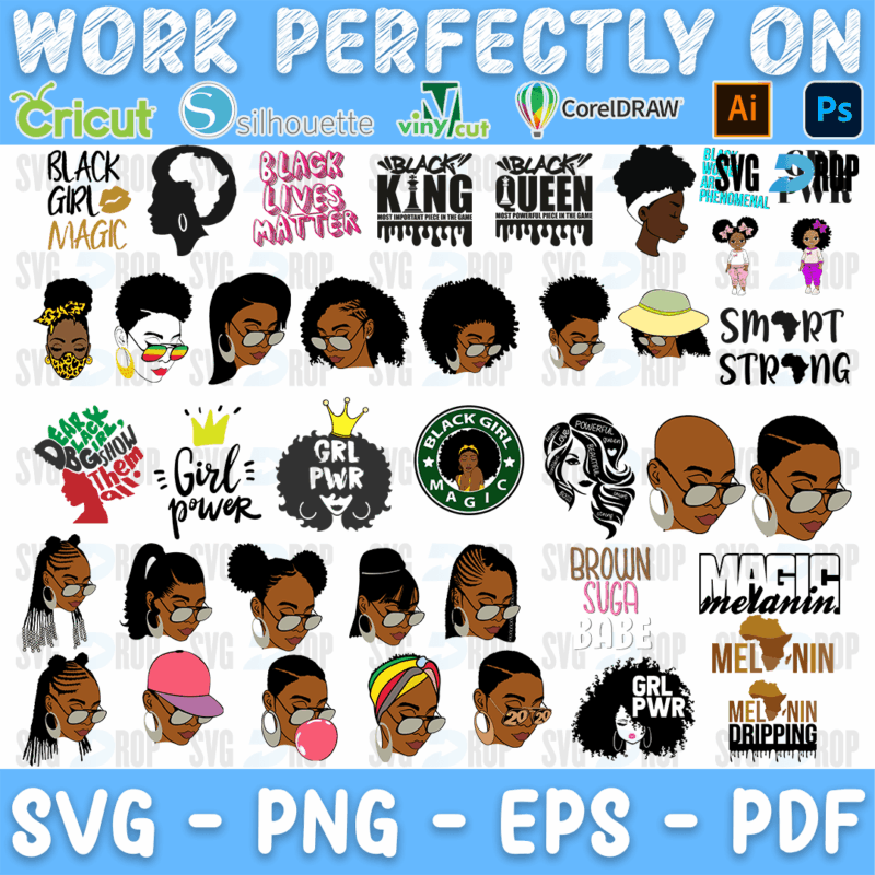 A full color Afro woman bundle: women with glasses, hats, braids and bubble gum, plus Black Girl Magic, Black Lives Matter, Black King. SVG bundle