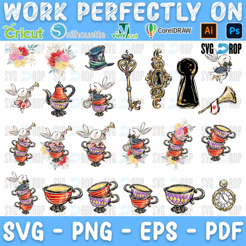 A set of watercolor Alice in Wonderland pieces: White Rabbits, teapots, stacked teacups, keys, a keyhole, a horn, a pocket watch. SVG bundle