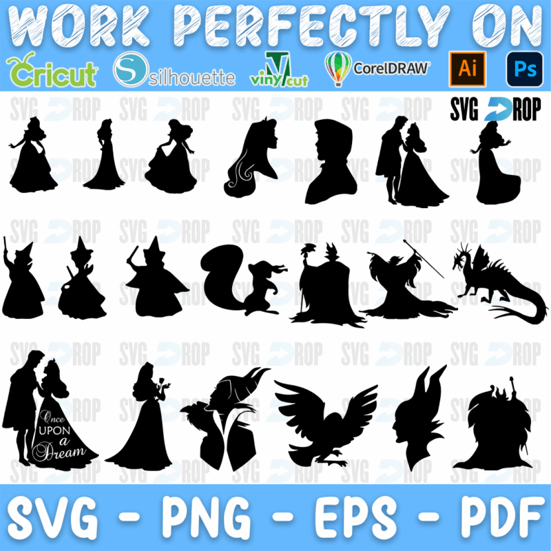 A sheet of black Sleeping Beauty silhouettes: Aurora, the fairies with wands, Maleficent, the raven, the dragon, a squirrel and an Aurora. SVG bundle
