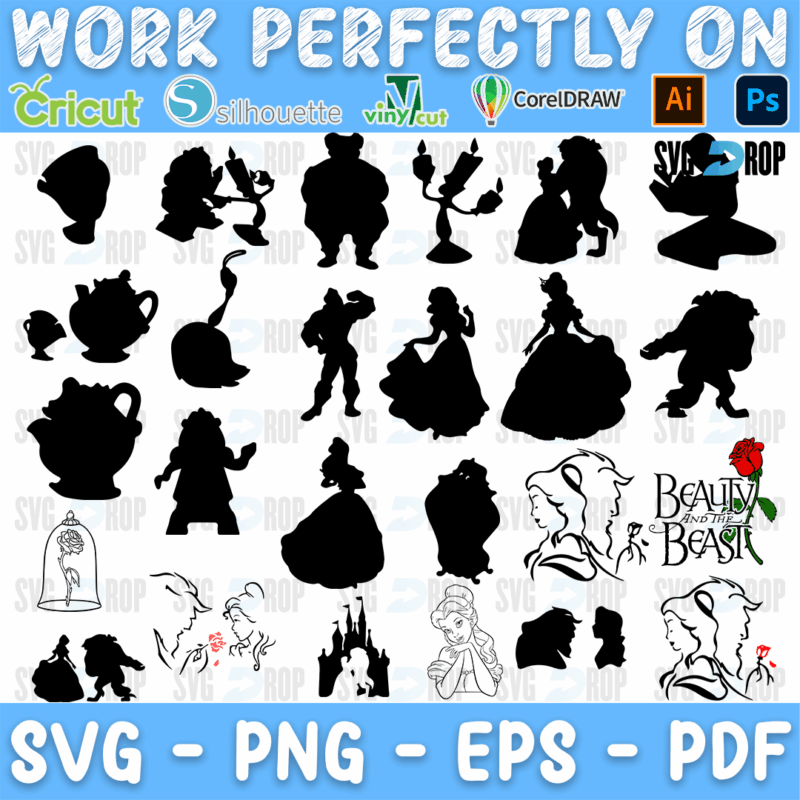 A sheet of Beauty and the Beast designs: black silhouettes of Belle, the Beast, Lumiere, Mrs. Potts and Gaston, the rose in a glass dome. SVG bundle