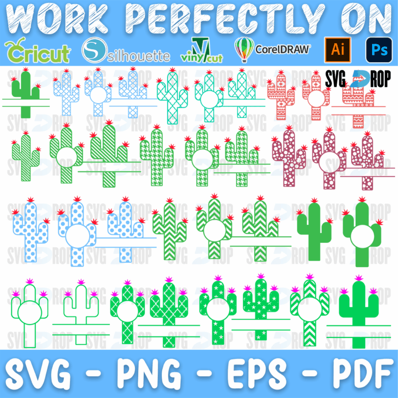 A set of cactus split monogram frames with pink flowers, in pastel blue, pink and green with chevron, dotted and plaid patterns. SVG bundle